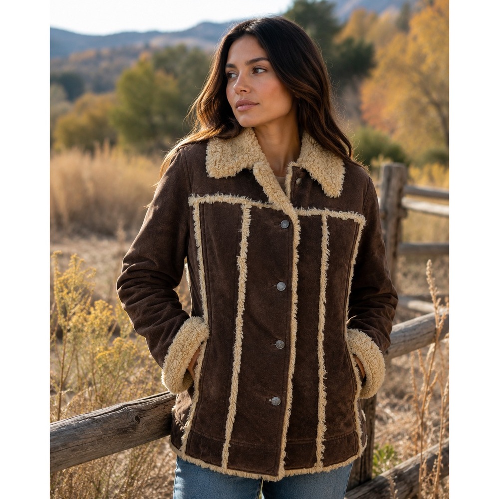 Wilsons Leather Brown Suede Faux Shearling Yellowstone Button Jacket Womens L